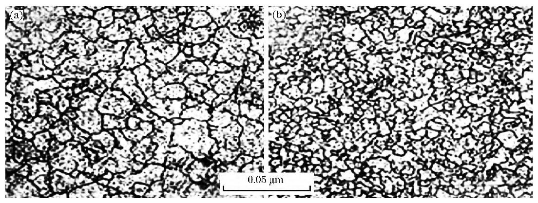图6 GCr15轴承钢的常规淬火组织(a)和经过双阶段热处理细化后的基体组织(b) Fig.6 Tradituonal quenched microstructure (a) and refined microstructure (b) precessed by double stage heat treatment of GCr15 steel